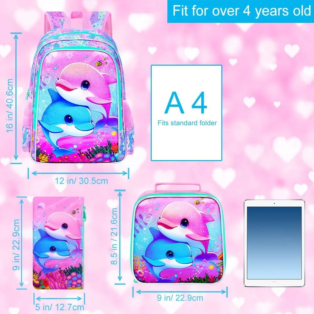 UFNDC 3PCS Dolphin Bookbag for Girls, 16" Kids Backpack with Lunch Box, Water Resistant School Bag for Elementary Preschool Toddler