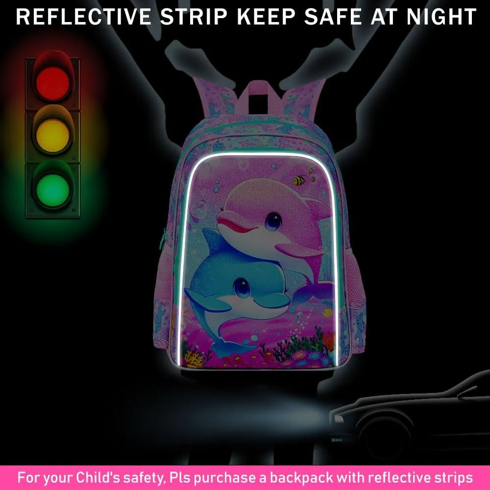 UFNDC 3PCS Dolphin Bookbag for Girls, 16" Kids Backpack with Lunch Box, Water Resistant School Bag for Elementary Preschool Toddler