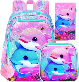 UFNDC 3PCS Dolphin Bookbag for Girls, 16" Kids Backpack with Lunch Box, Water Resistant School Bag for Elementary Preschool Toddler