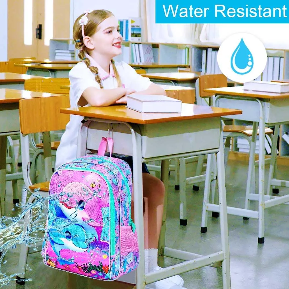UFNDC 3PCS Dolphin Bookbag for Girls, 16" Kids Backpack with Lunch Box, Water Resistant School Bag for Elementary Preschool Toddler