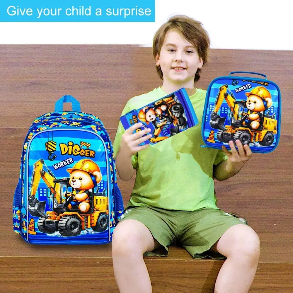 UFNDC 3PCS Excavator Backpack for Boys, Kids Bear Bookbag with Lunch Box, 16" Water Resistant School Bag for Elementary Preschool Toddler