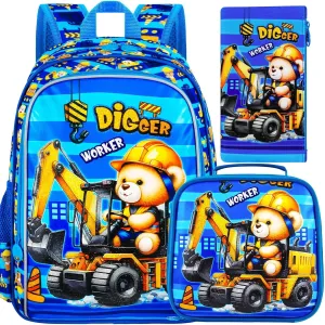 UFNDC 3PCS Excavator Backpack for Boys, Kids Bear Bookbag with Lunch Box, 16" Water Resistant School Bag for Elementary Preschool Toddler