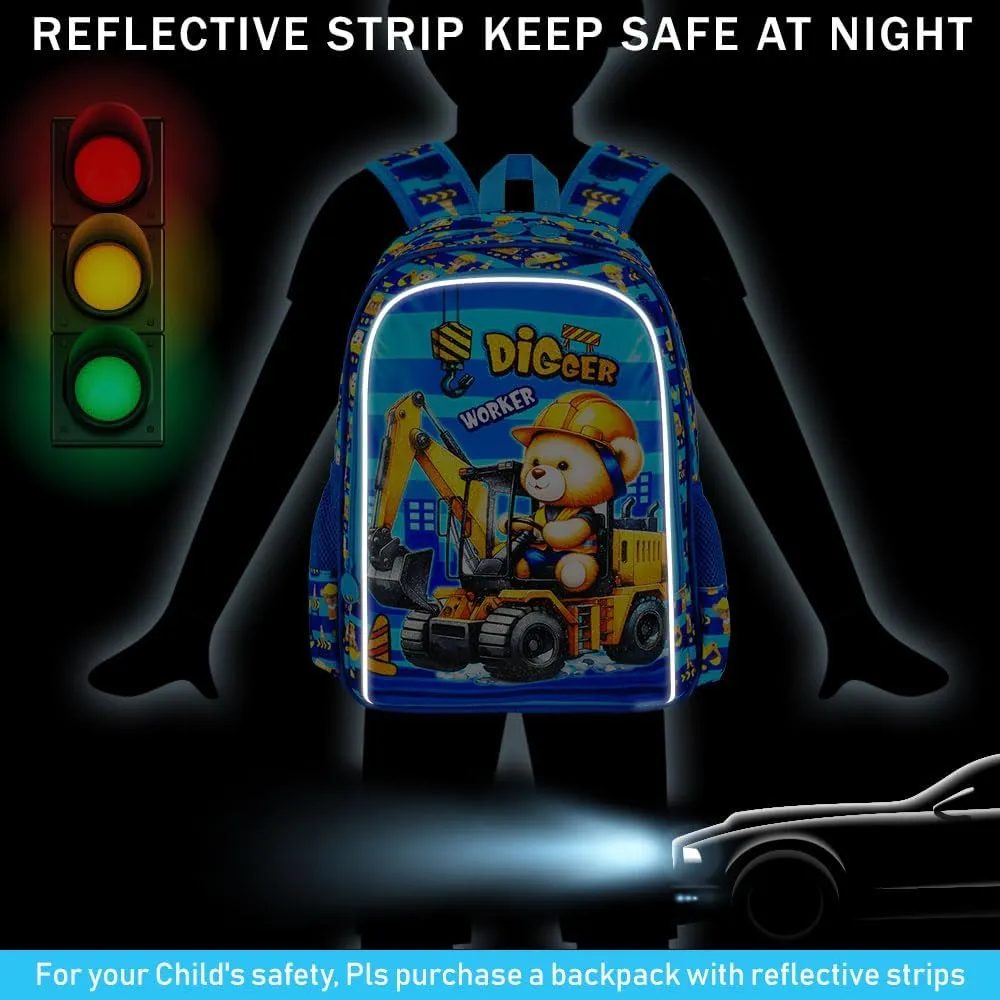UFNDC 3PCS Excavator Backpack for Boys, Kids Bear Bookbag with Lunch Box, 16" Water Resistant School Bag for Elementary Preschool Toddler