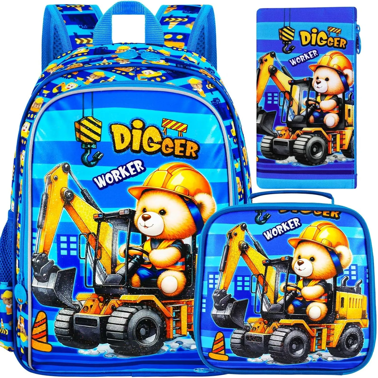 UFNDC 3PCS Excavator Backpack for Boys, Kids Bear Bookbag with Lunch Box, 16" Water Resistant School Bag for Elementary Preschool Toddler