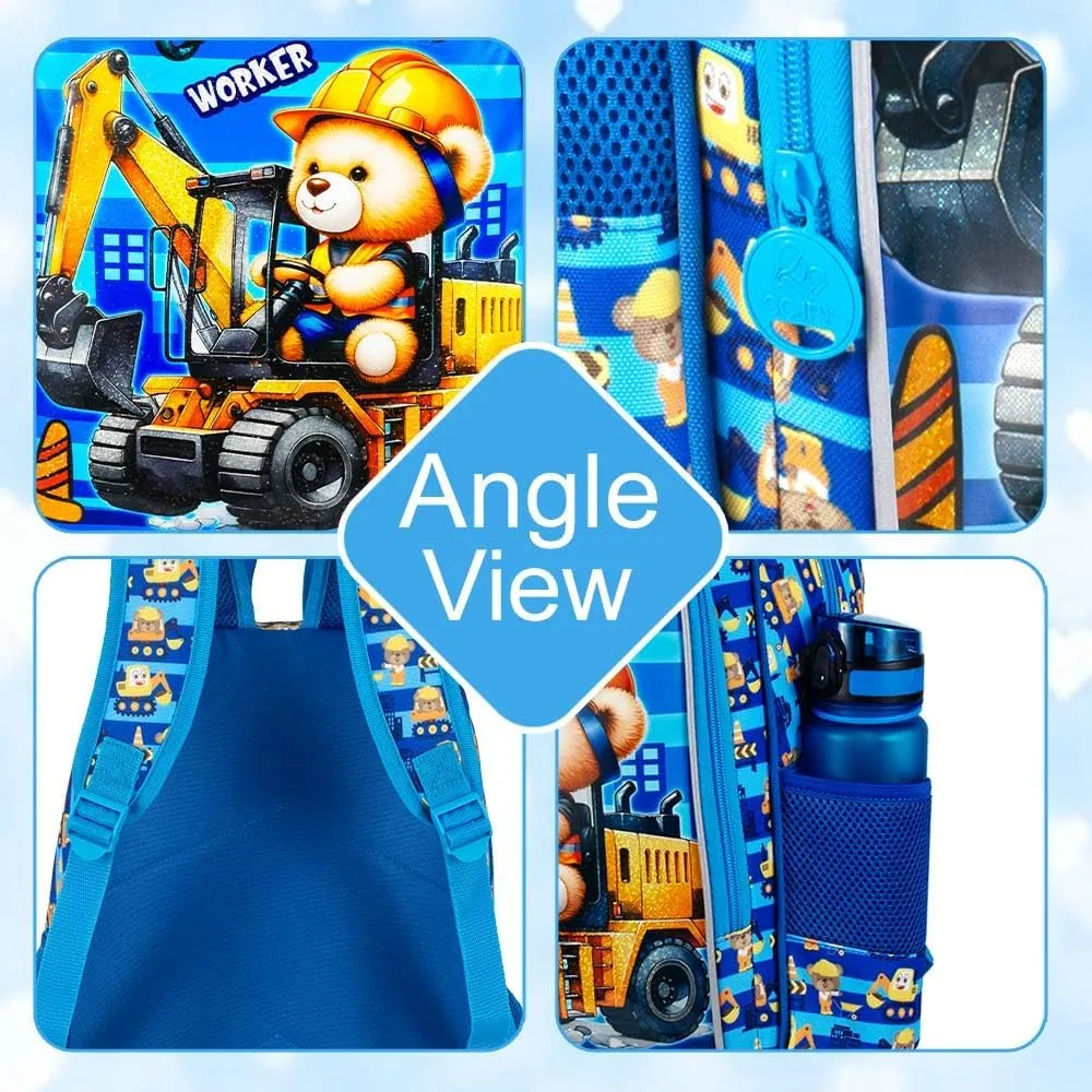 UFNDC 3PCS Excavator Backpack for Boys, Kids Bear Bookbag with Lunch Box, 16" Water Resistant School Bag for Elementary Preschool Toddler