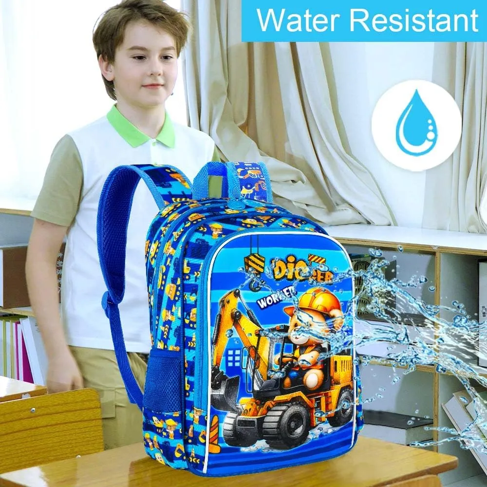 UFNDC 3PCS Excavator Backpack for Boys, Kids Bear Bookbag with Lunch Box, 16" Water Resistant School Bag for Elementary Preschool Toddler