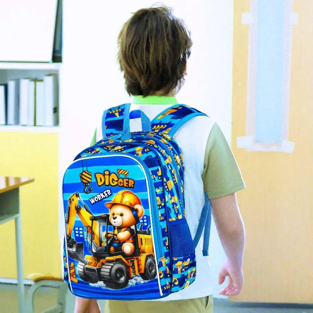UFNDC 3PCS Excavator Backpack for Boys, Kids Bear Bookbag with Lunch Box, 16" Water Resistant School Bag for Elementary Preschool Toddler