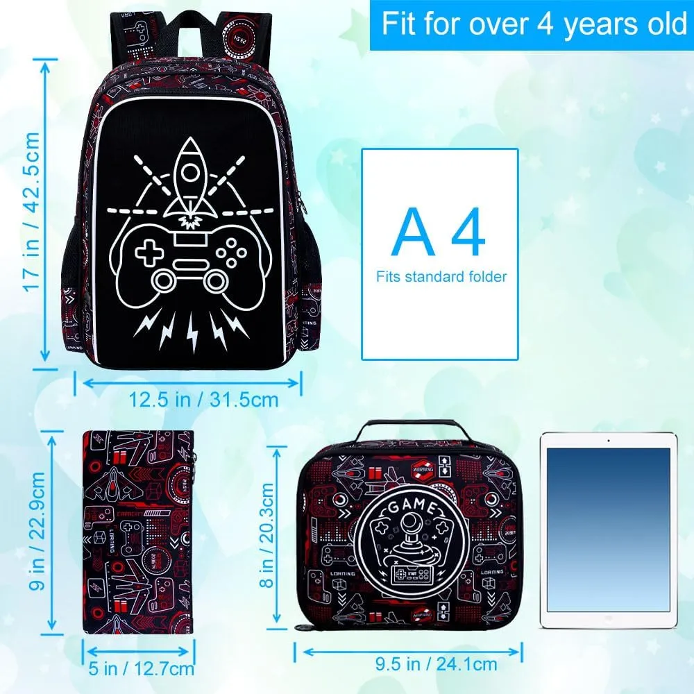 UFNDC 3PCS Game Backpack for Boys, Kids Camouflage Bookbag with Lunch Box, 17" Water Resistant Teen Travel School Bag for Middle Elementary