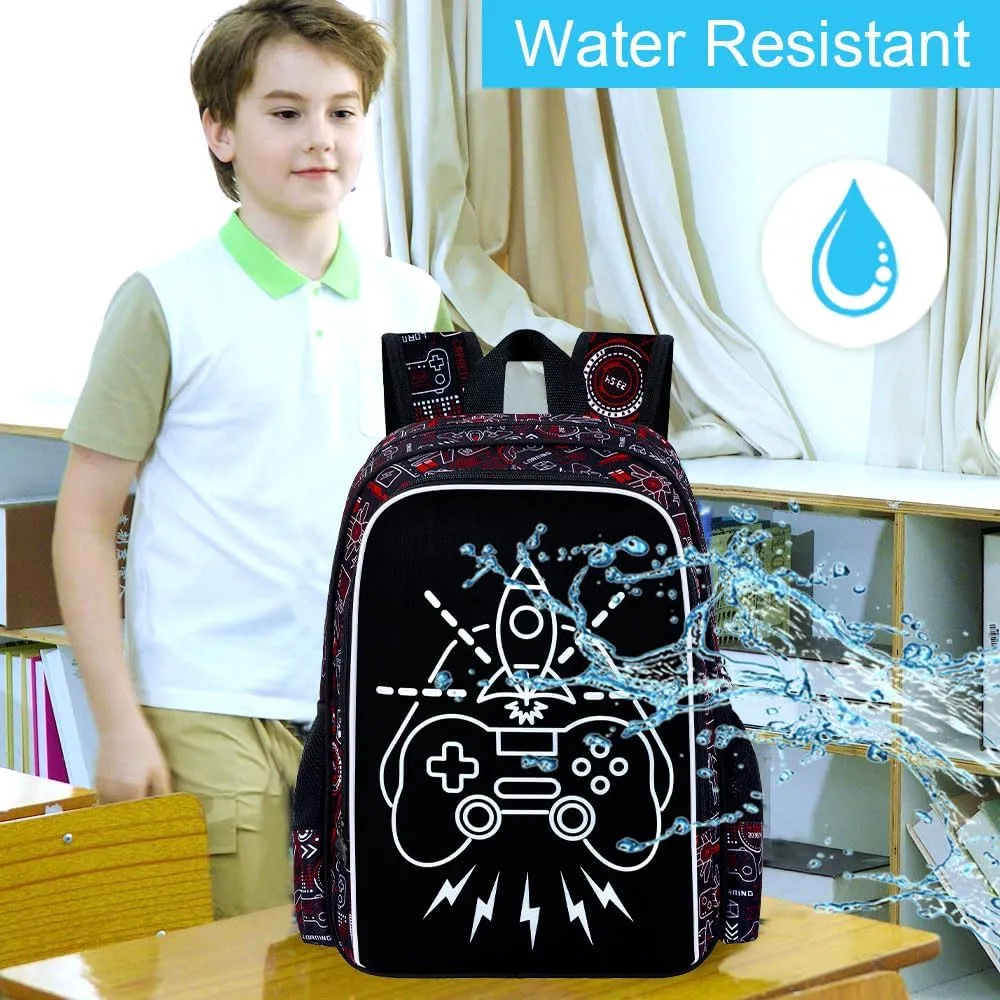 UFNDC 3PCS Game Backpack for Boys, Kids Camouflage Bookbag with Lunch Box, 17" Water Resistant Teen Travel School Bag for Middle Elementary