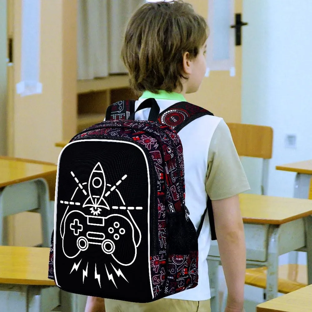 UFNDC 3PCS Game Backpack for Boys, Kids Camouflage Bookbag with Lunch Box, 17" Water Resistant Teen Travel School Bag for Middle Elementary