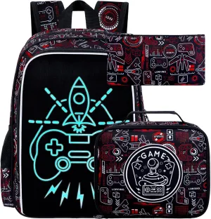 UFNDC 3PCS Game Backpack for Boys, Kids Camouflage Bookbag with Lunch Box, 17" Water Resistant Teen Travel School Bag for Middle Elementary