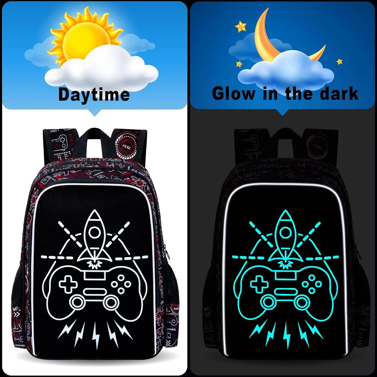 UFNDC 3PCS Game Backpack for Boys, Kids Camouflage Bookbag with Lunch Box, 17" Water Resistant Teen Travel School Bag for Middle Elementary