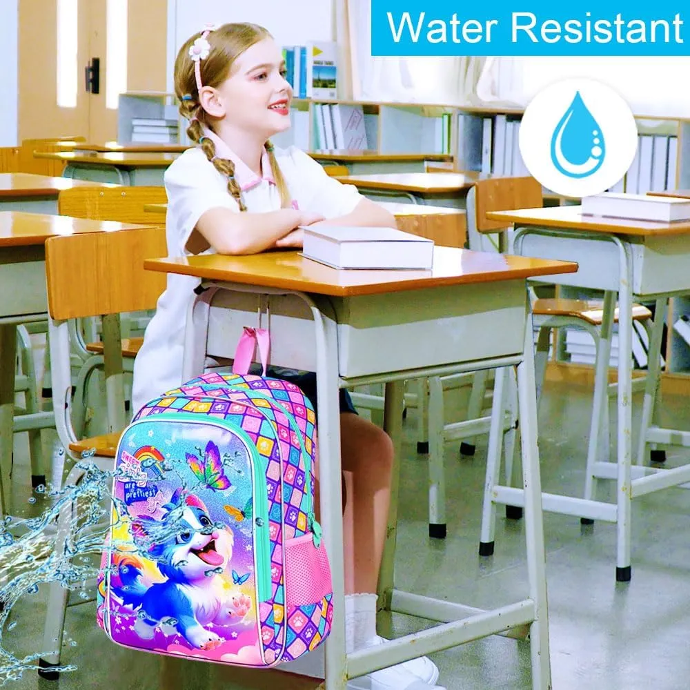 UFNDC 3PCS Girls Dog Backpack, 16" Kids Bookbag with Lunch Box, Water Resistant School Bag for Elementary Preschool Toddler