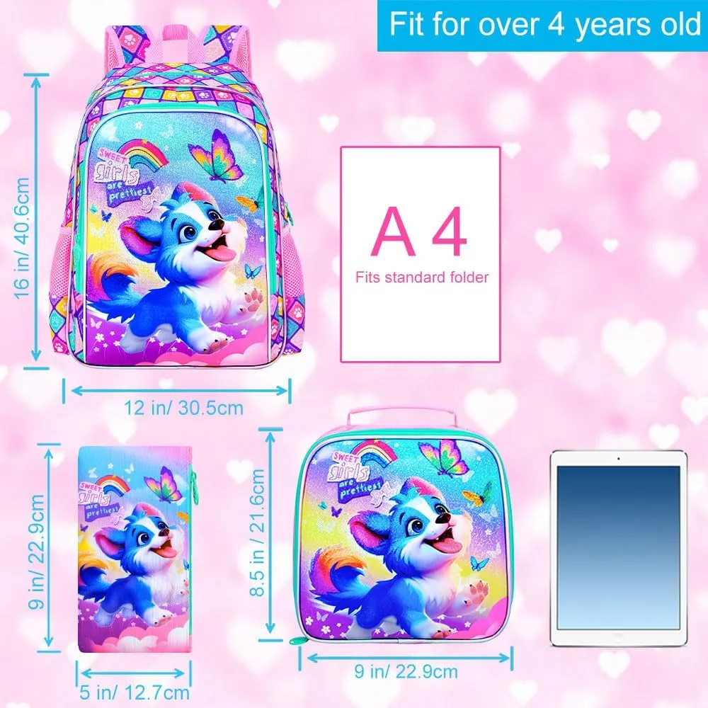 UFNDC 3PCS Girls Dog Backpack, 16" Kids Bookbag with Lunch Box, Water Resistant School Bag for Elementary Preschool Toddler