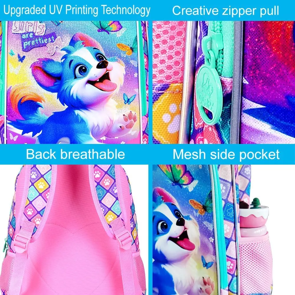 UFNDC 3PCS Girls Dog Backpack, 16" Kids Bookbag with Lunch Box, Water Resistant School Bag for Elementary Preschool Toddler