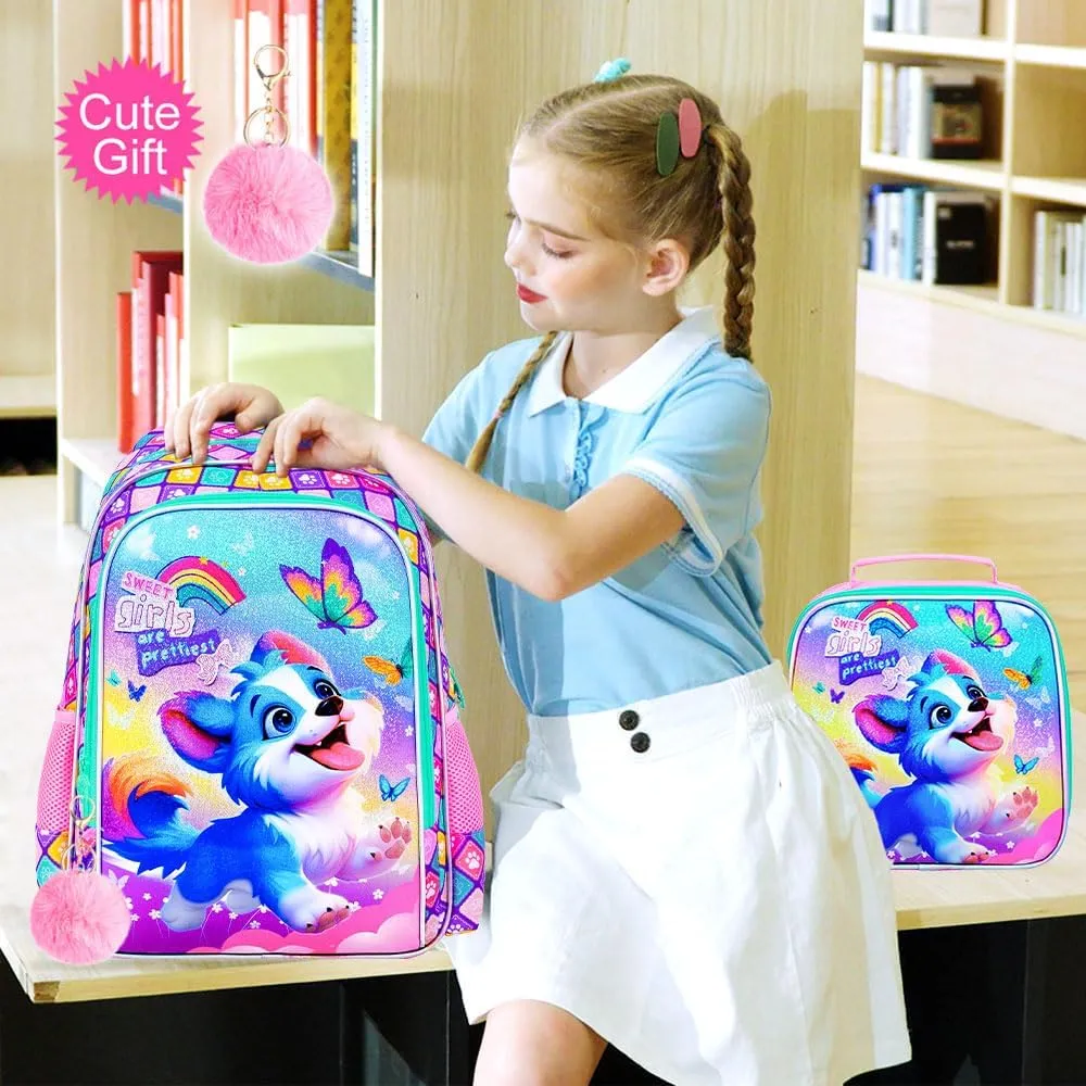 UFNDC 3PCS Girls Dog Backpack, 16" Kids Bookbag with Lunch Box, Water Resistant School Bag for Elementary Preschool Toddler