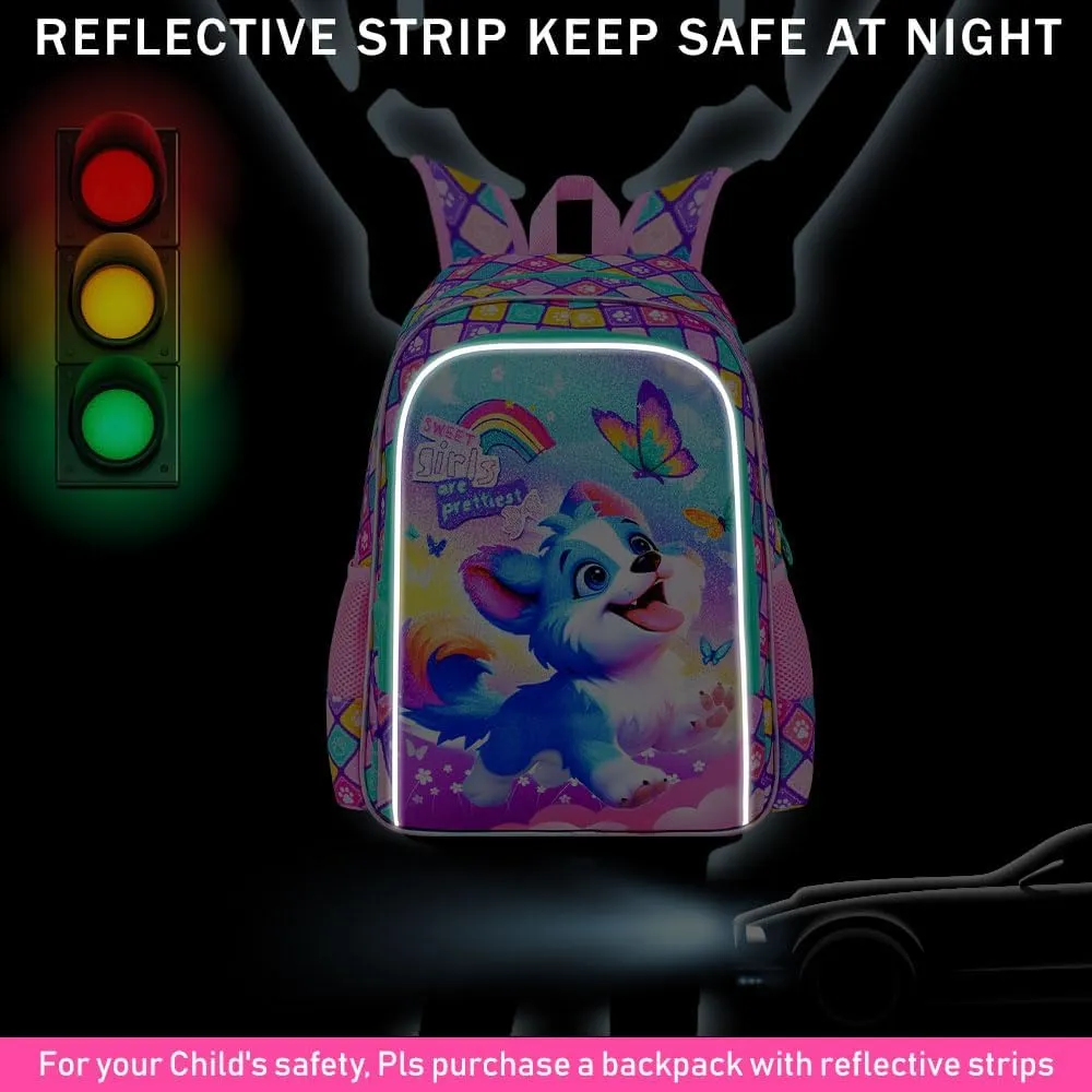 UFNDC 3PCS Girls Dog Backpack, 16" Kids Bookbag with Lunch Box, Water Resistant School Bag for Elementary Preschool Toddler