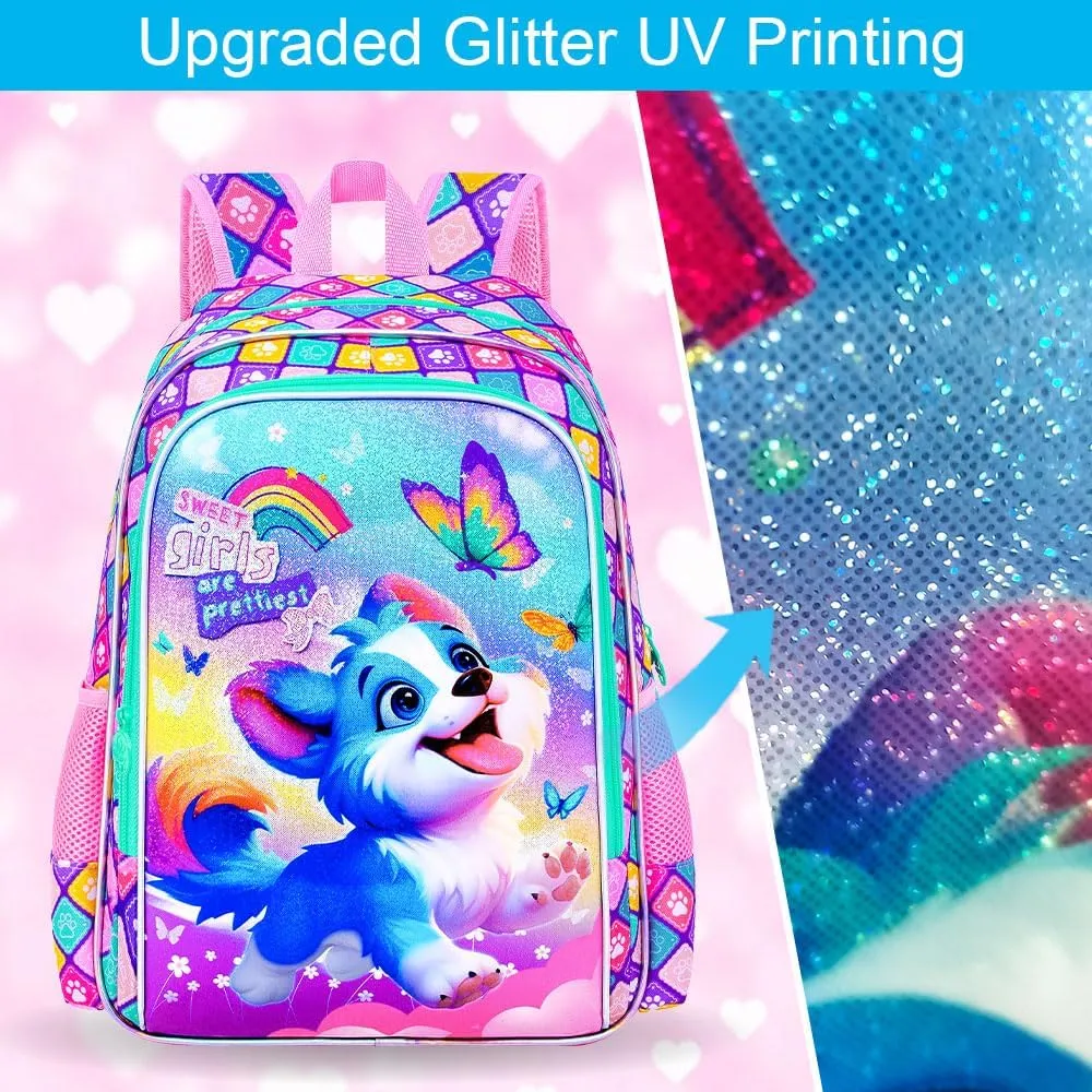 UFNDC 3PCS Girls Dog Backpack, 16" Kids Bookbag with Lunch Box, Water Resistant School Bag for Elementary Preschool Toddler