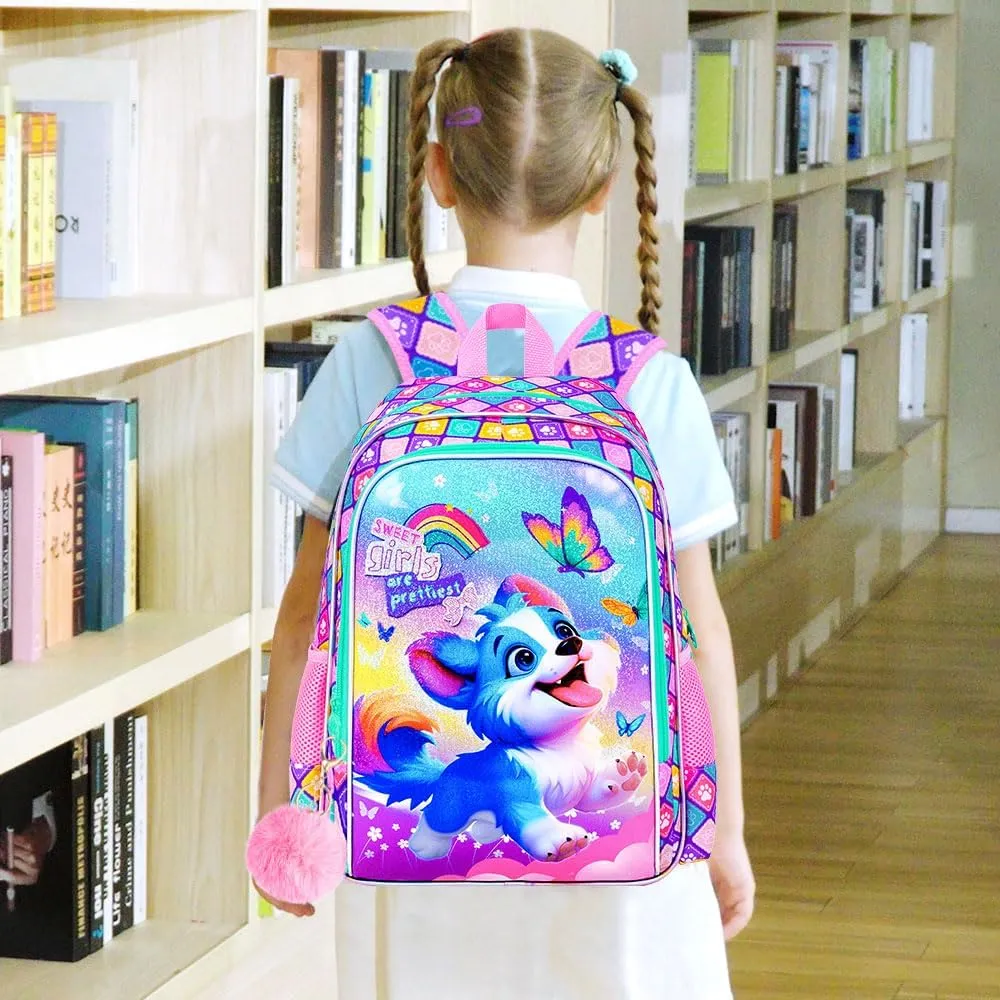 UFNDC 3PCS Girls Dog Backpack, 16" Kids Bookbag with Lunch Box, Water Resistant School Bag for Elementary Preschool Toddler