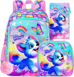 UFNDC 3PCS Girls Dog Backpack, 16" Kids Bookbag with Lunch Box, Water Resistant School Bag for Elementary Preschool Toddler