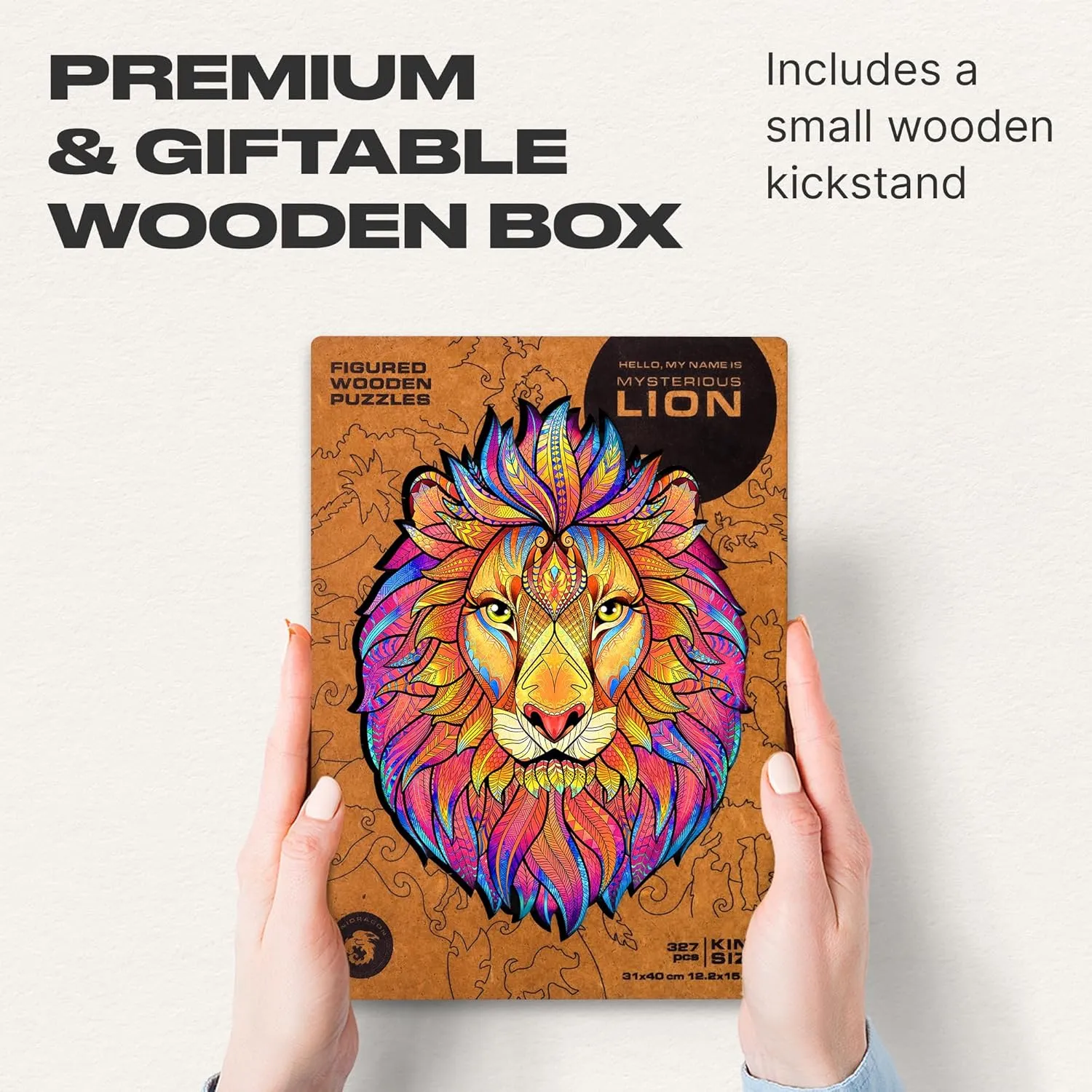 UNIDRAGON Wooden Puzzles for Adults Unique Jigsaw Puzzles - King Size Mysterious Lion Big 12.2" х15.7 327 PCS Deko with Cut 0.03 mm Wood Accuracy Animal