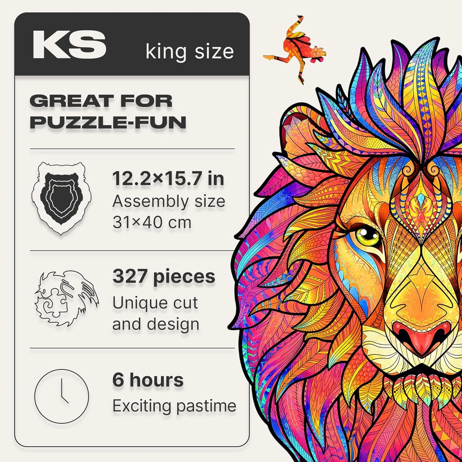 UNIDRAGON Wooden Puzzles for Adults Unique Jigsaw Puzzles - King Size Mysterious Lion Big 12.2" х15.7 327 PCS Deko with Cut 0.03 mm Wood Accuracy Animal