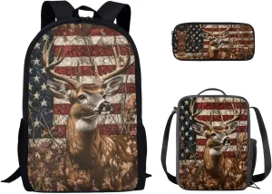 Uourmeti American Flag Hunting Deer Girls Bookbags with Lunch Box and Pencil Case Age 6-8 Kindergarten Elementary Boys School Backpack, Cooler Lunch Bag, Pencil Cases for Teenages Book Bags Set