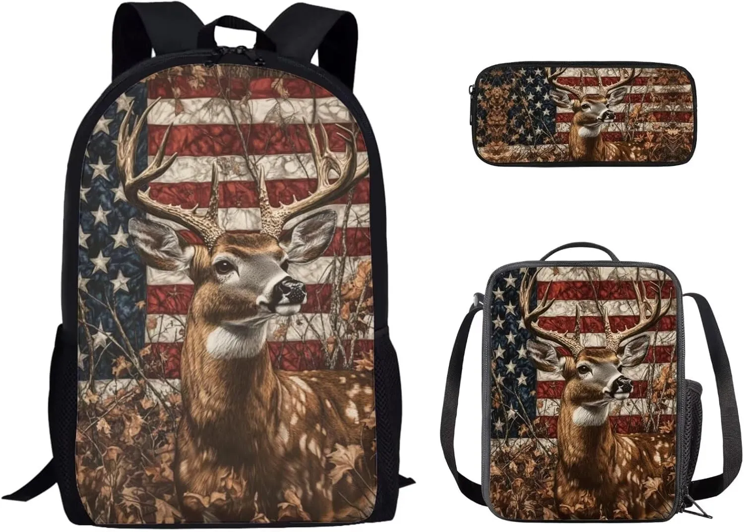 Uourmeti American Flag Hunting Deer Girls Bookbags with Lunch Box and Pencil Case Age 6-8 Kindergarten Elementary Boys School Backpack, Cooler Lunch Bag, Pencil Cases for Teenages Book Bags Set