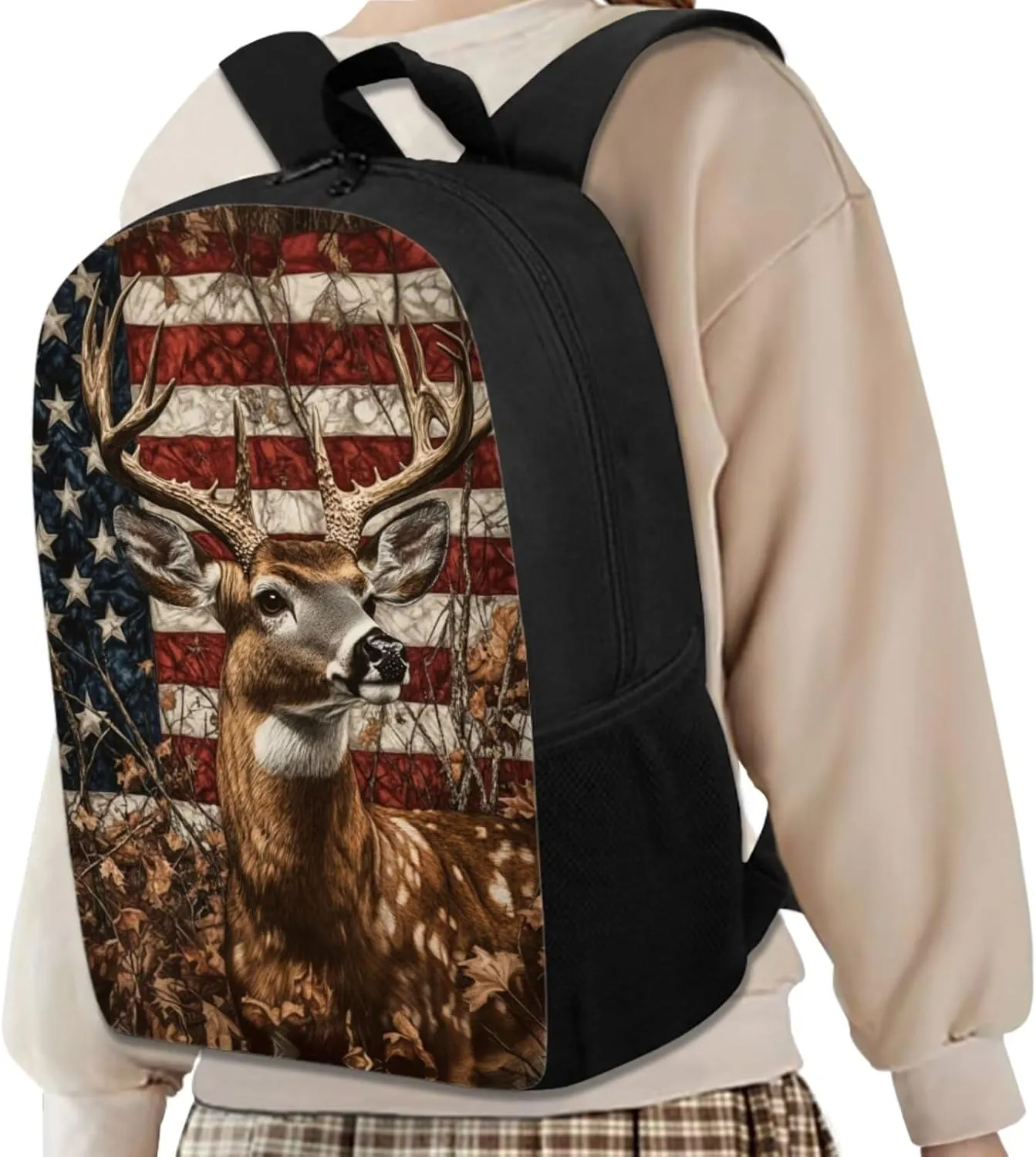 Uourmeti American Flag Hunting Deer Girls Bookbags with Lunch Box and Pencil Case Age 6-8 Kindergarten Elementary Boys School Backpack, Cooler Lunch Bag, Pencil Cases for Teenages Book Bags Set