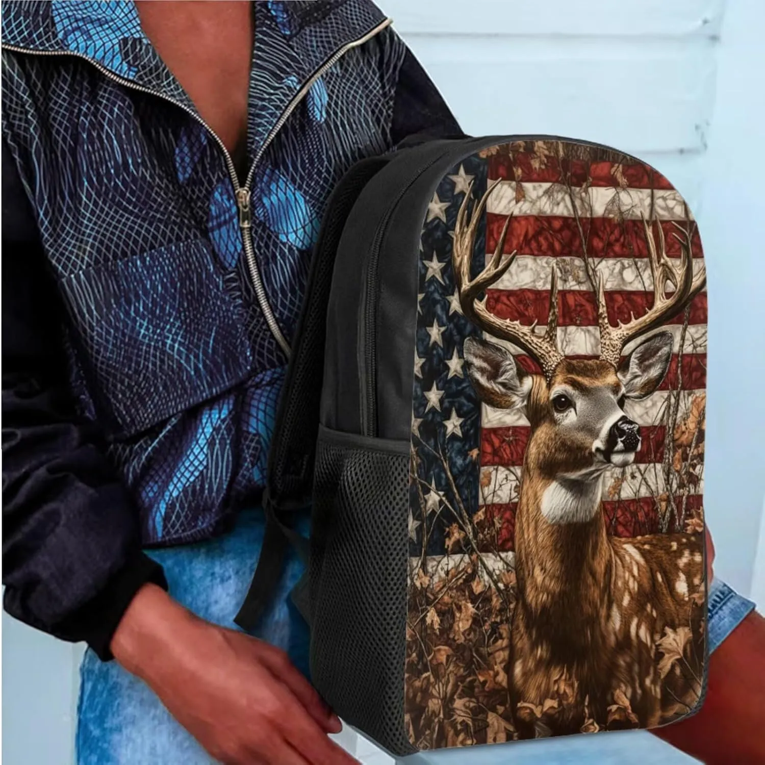 Uourmeti American Flag Hunting Deer Girls Bookbags with Lunch Box and Pencil Case Age 6-8 Kindergarten Elementary Boys School Backpack, Cooler Lunch Bag, Pencil Cases for Teenages Book Bags Set