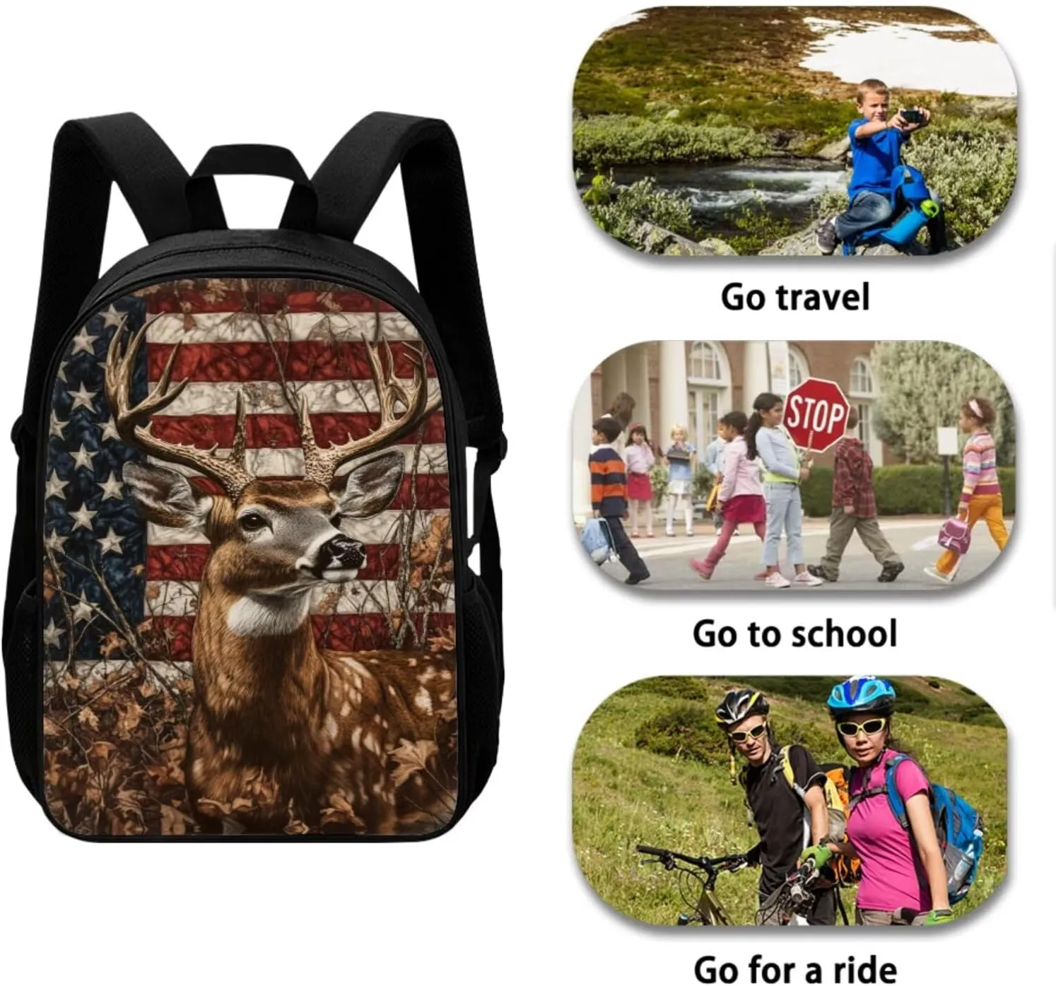 Uourmeti American Flag Hunting Deer Girls Bookbags with Lunch Box and Pencil Case Age 6-8 Kindergarten Elementary Boys School Backpack, Cooler Lunch Bag, Pencil Cases for Teenages Book Bags Set