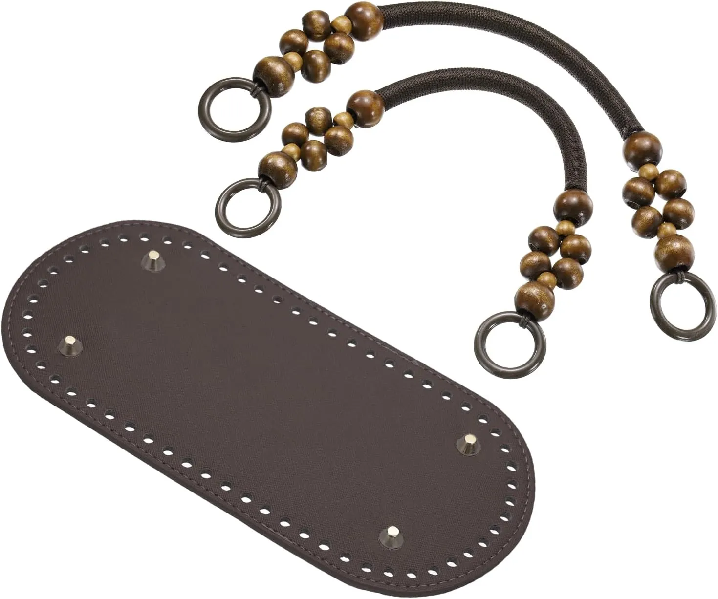 uxcell Crochet Bag Making Kit, 8.7 x 4 Inch Oval PU Leather Bag Bottom with 2Pcs Beaded Bag Handles for DIY Crochet Bag Shoulder Bag Purse Making, Dark Brown
