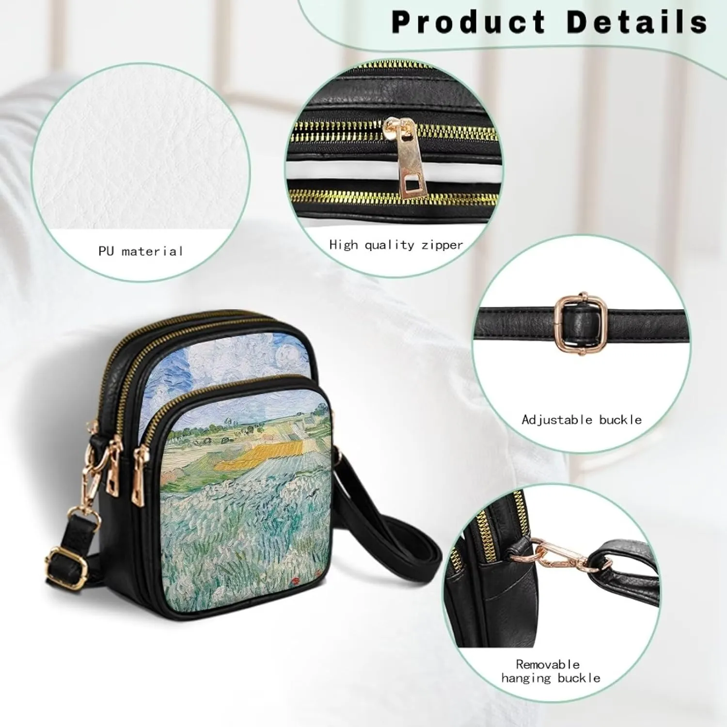 Van Gogh Art Cell Phone Purse Crossbody Bags for Women, Monet Artwork PU Leather Cellphone Bag Small Travel Purses