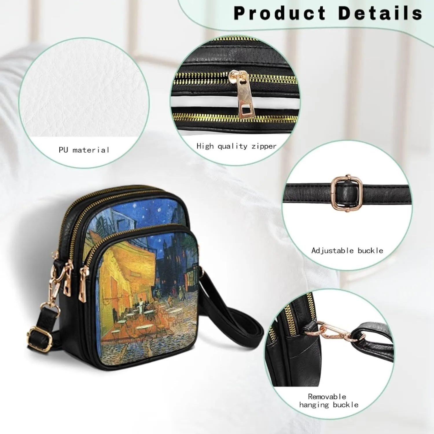 Van Gogh Art Cell Phone Purse Crossbody Bags for Women, Monet Artwork PU Leather Cellphone Bag Small Travel Purses