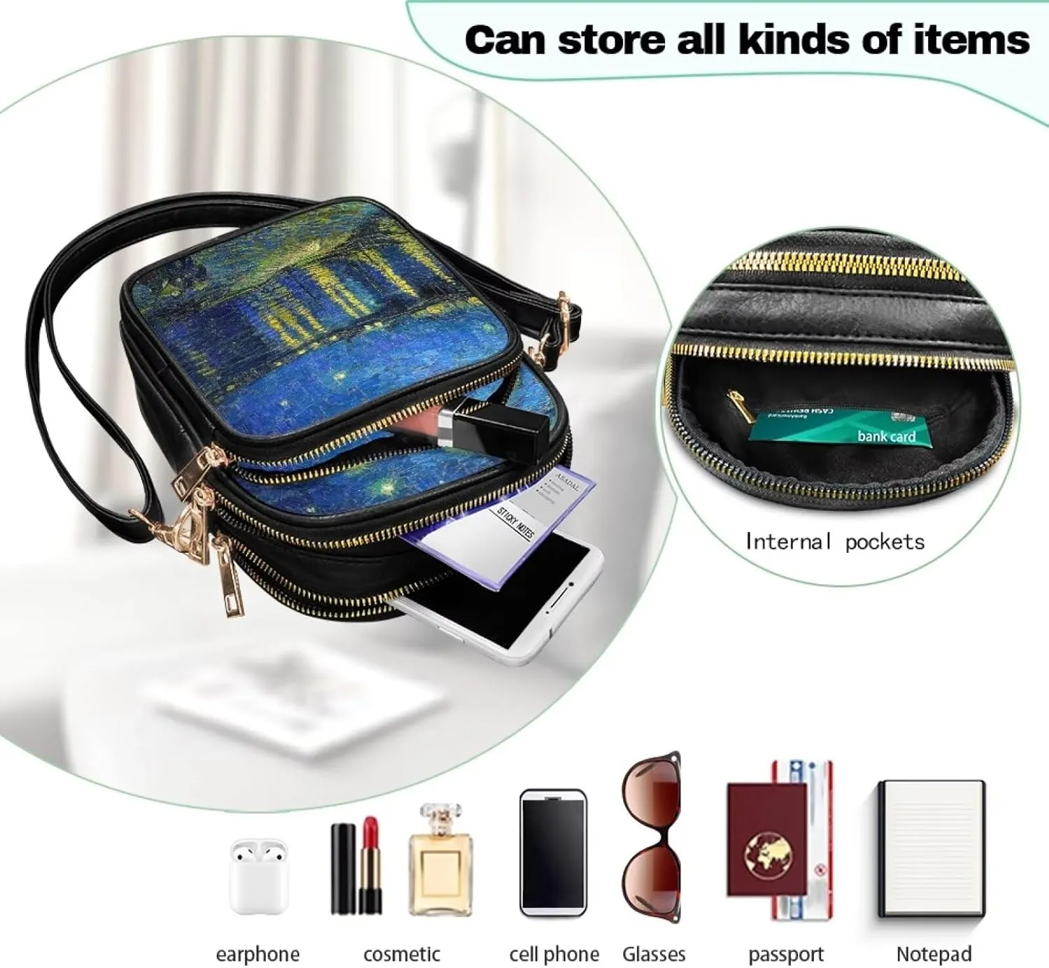 Van Gogh Art Cell Phone Purse Crossbody Bags for Women, Monet Artwork PU Leather Cellphone Bag Small Travel Purses
