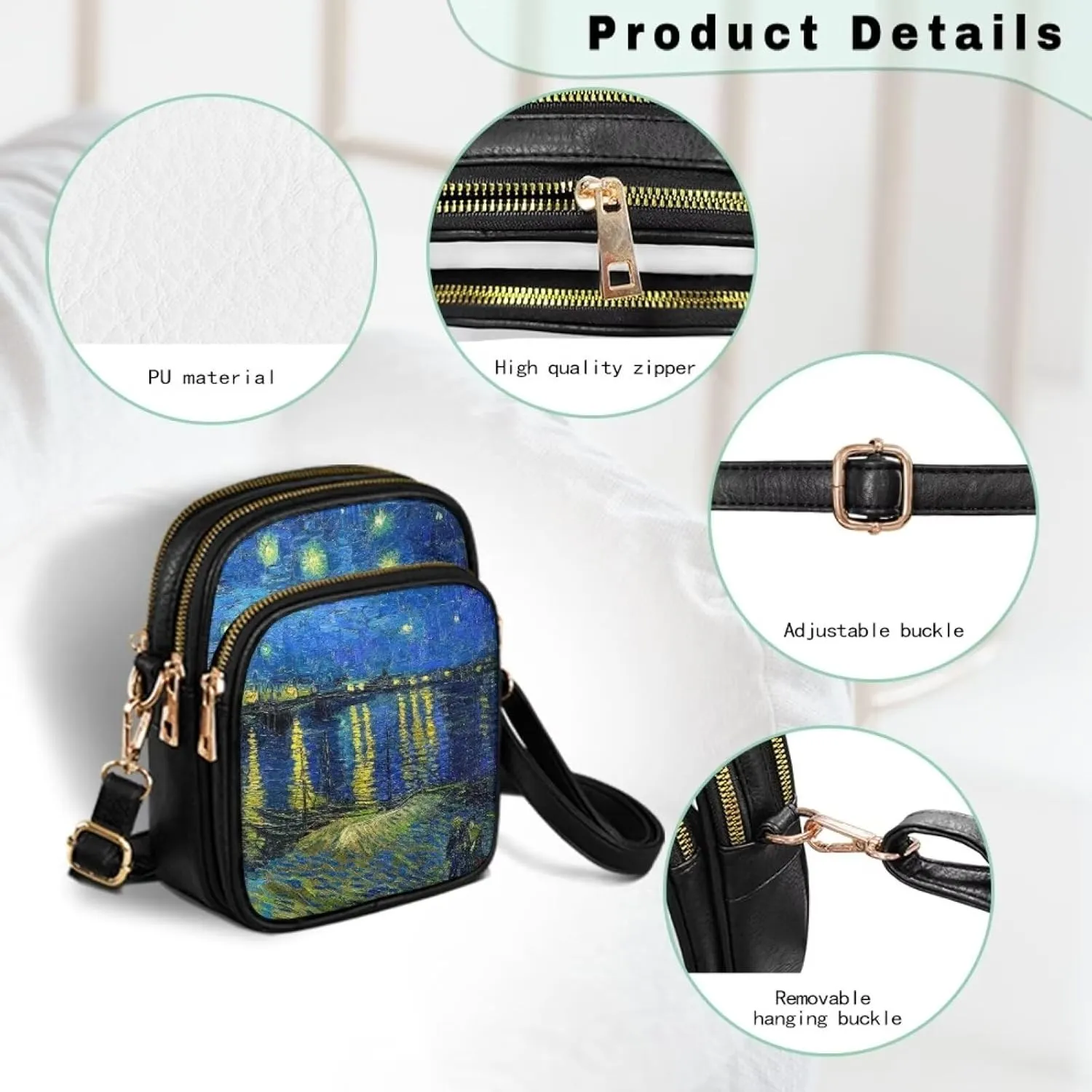 Van Gogh Art Cell Phone Purse Crossbody Bags for Women, Monet Artwork PU Leather Cellphone Bag Small Travel Purses