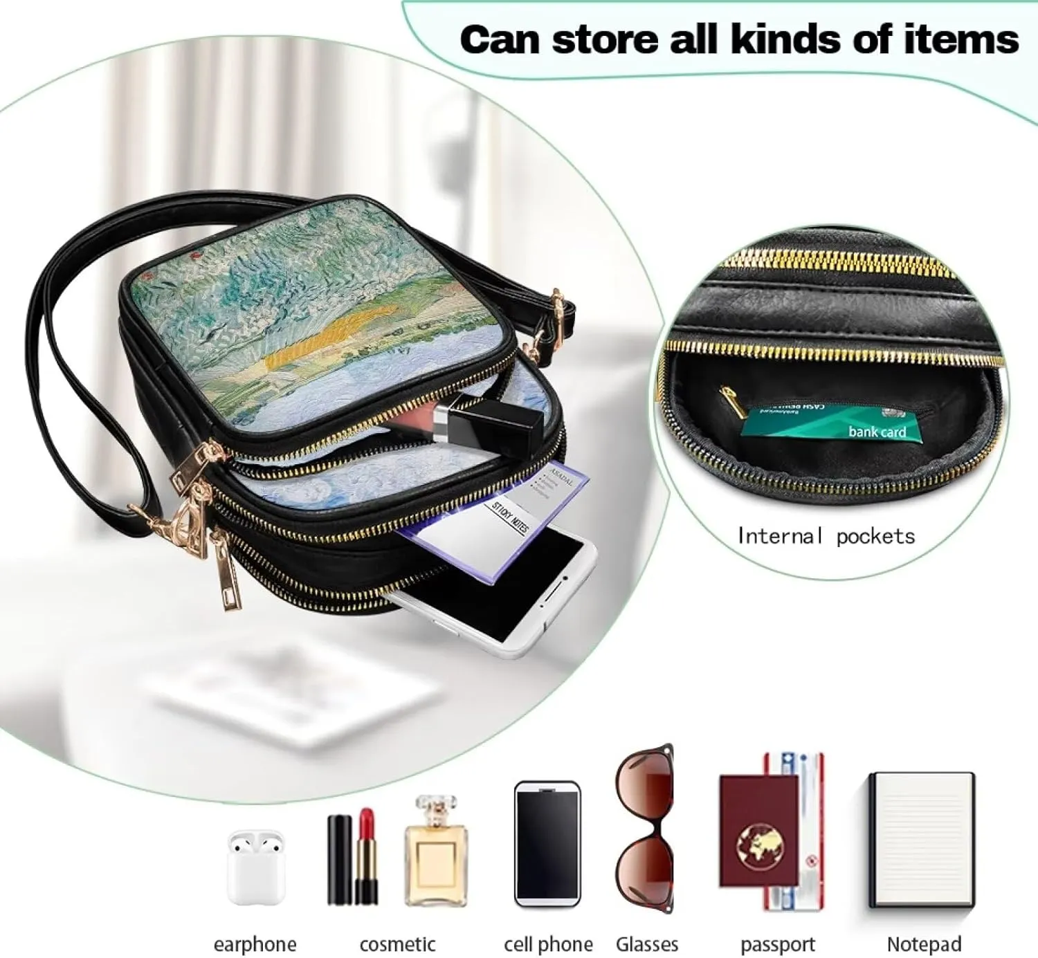 Van Gogh Art Cell Phone Purse Crossbody Bags for Women, Monet Artwork PU Leather Cellphone Bag Small Travel Purses