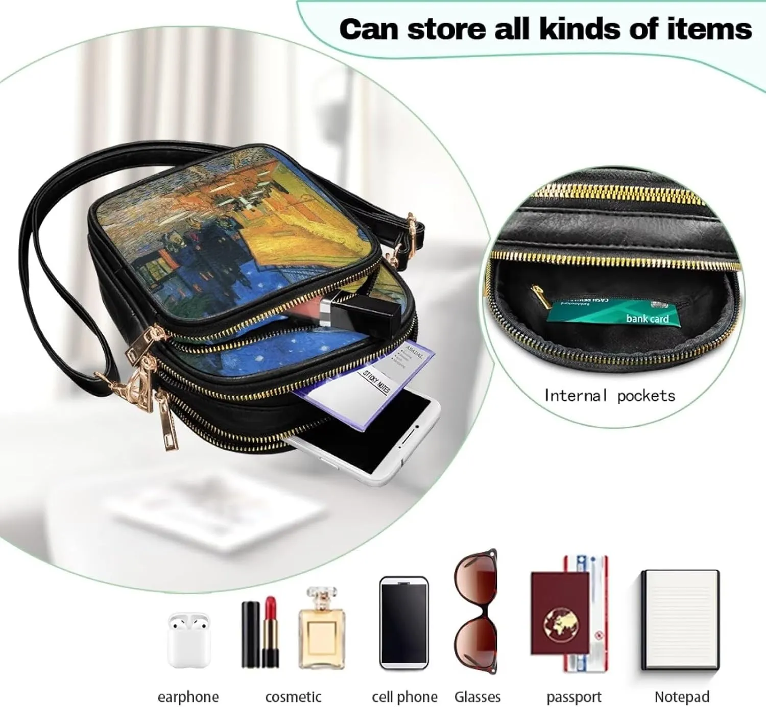 Van Gogh Art Cell Phone Purse Crossbody Bags for Women, Monet Artwork PU Leather Cellphone Bag Small Travel Purses