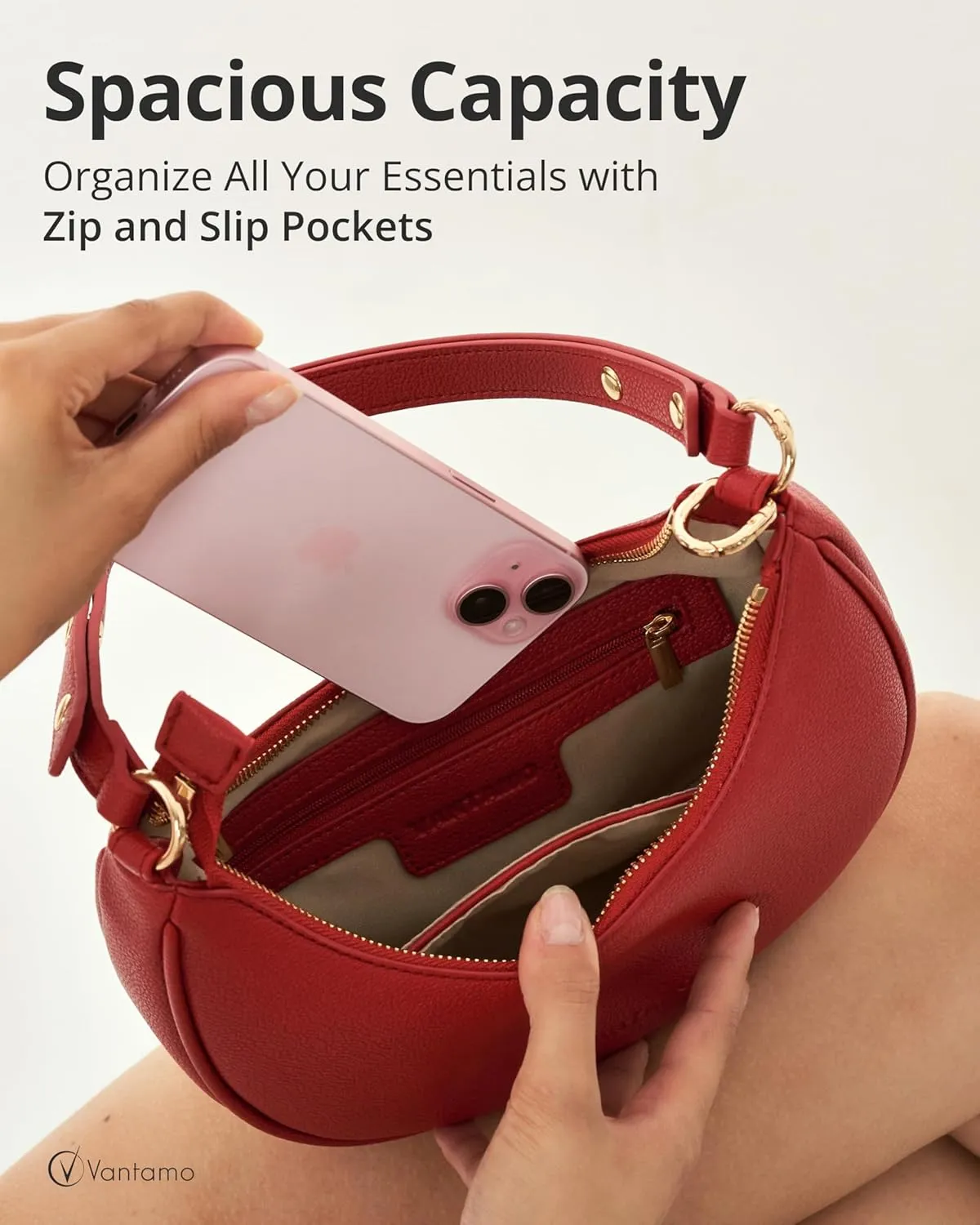 Vantamo Crescent Bags For Women with RFID Protection, Half Moon Clutch Purses for Women with Anti-Theft Clip for Extra Safety