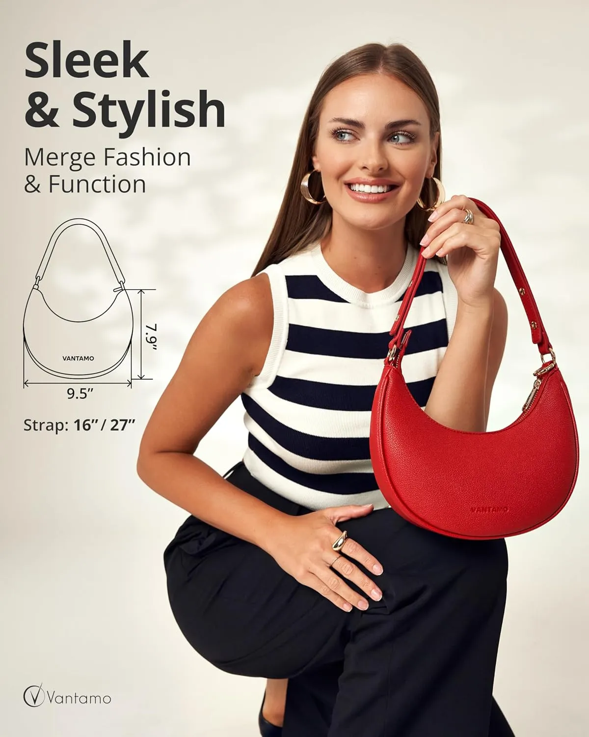 Vantamo Crescent Bags For Women with RFID Protection, Half Moon Clutch Purses for Women with Anti-Theft Clip for Extra Safety
