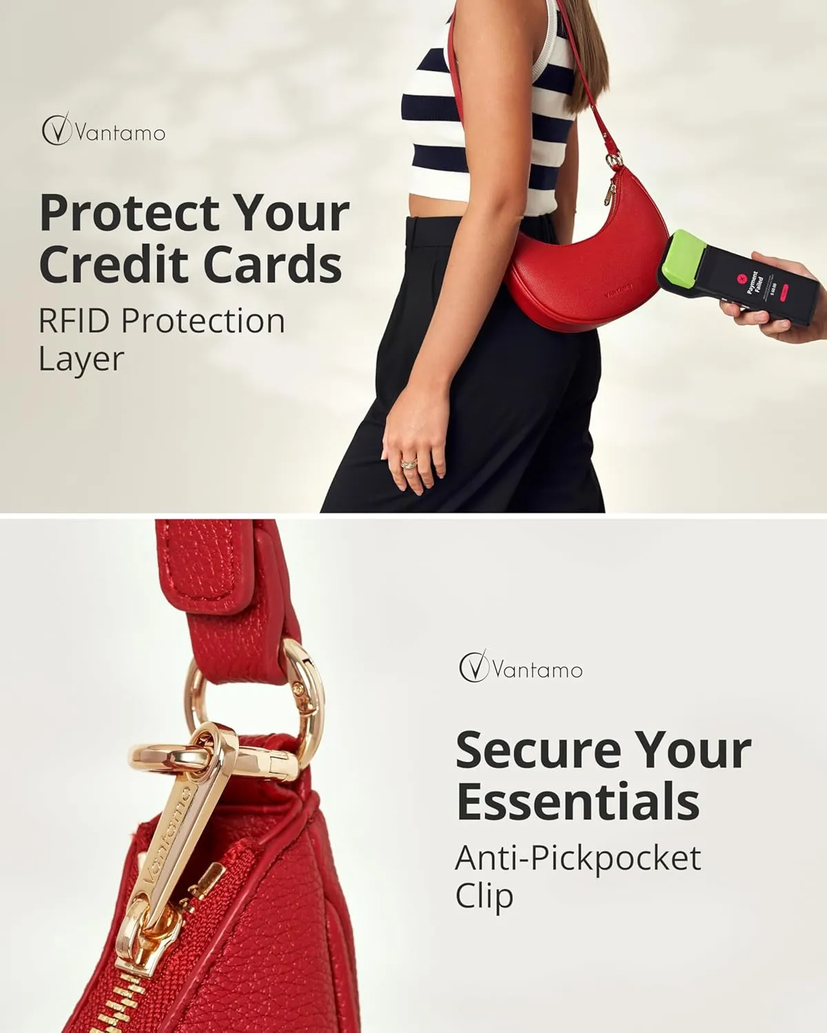 Vantamo Crescent Bags For Women with RFID Protection, Half Moon Clutch Purses for Women with Anti-Theft Clip for Extra Safety