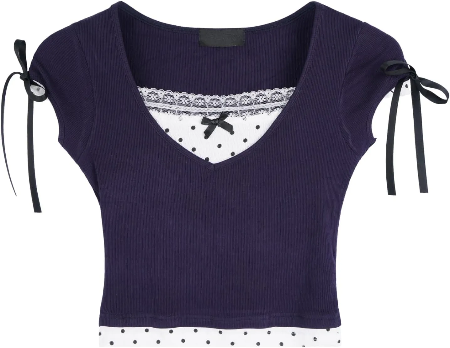 VCM Crop Tops for Women Y2K Baby Tee Cute Polka Dot Bow Lace Trim Tops Color Block Slim Fit Basic Shirt Summer Clothes