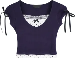 VCM Crop Tops for Women Y2K Baby Tee Cute Polka Dot Bow Lace Trim Tops Color Block Slim Fit Basic Shirt Summer Clothes