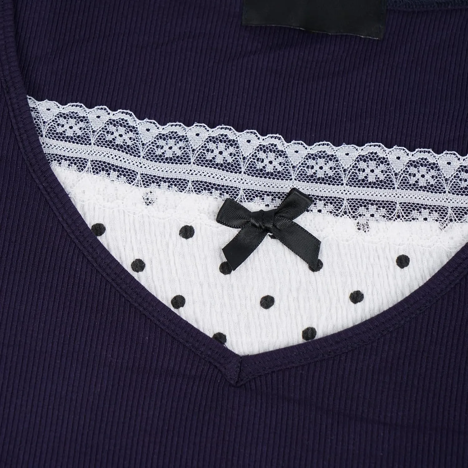 VCM Crop Tops for Women Y2K Baby Tee Cute Polka Dot Bow Lace Trim Tops Color Block Slim Fit Basic Shirt Summer Clothes