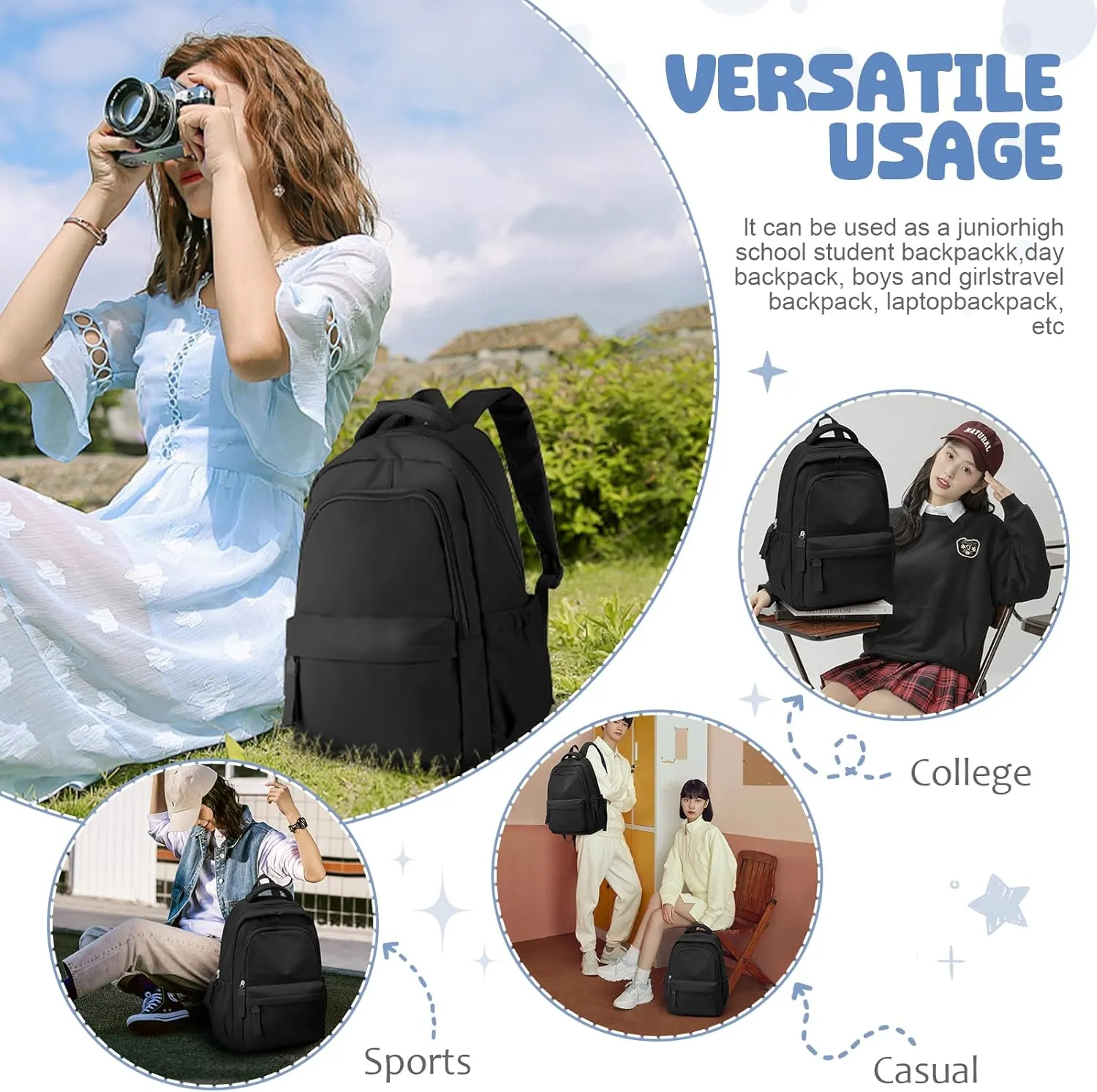 VECAVE School Backpack Black College High School Bags backpack for Boys Girls Teens Waterproof Bookbag Casual Lightweight Travel Rucksack Daypack Backpacks for Men Women