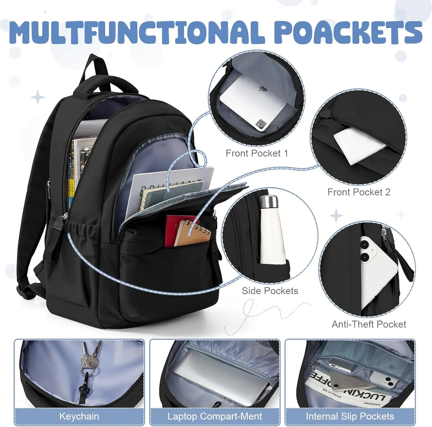 VECAVE School Backpack Black College High School Bags backpack for Boys Girls Teens Waterproof Bookbag Casual Lightweight Travel Rucksack Daypack Backpacks for Men Women