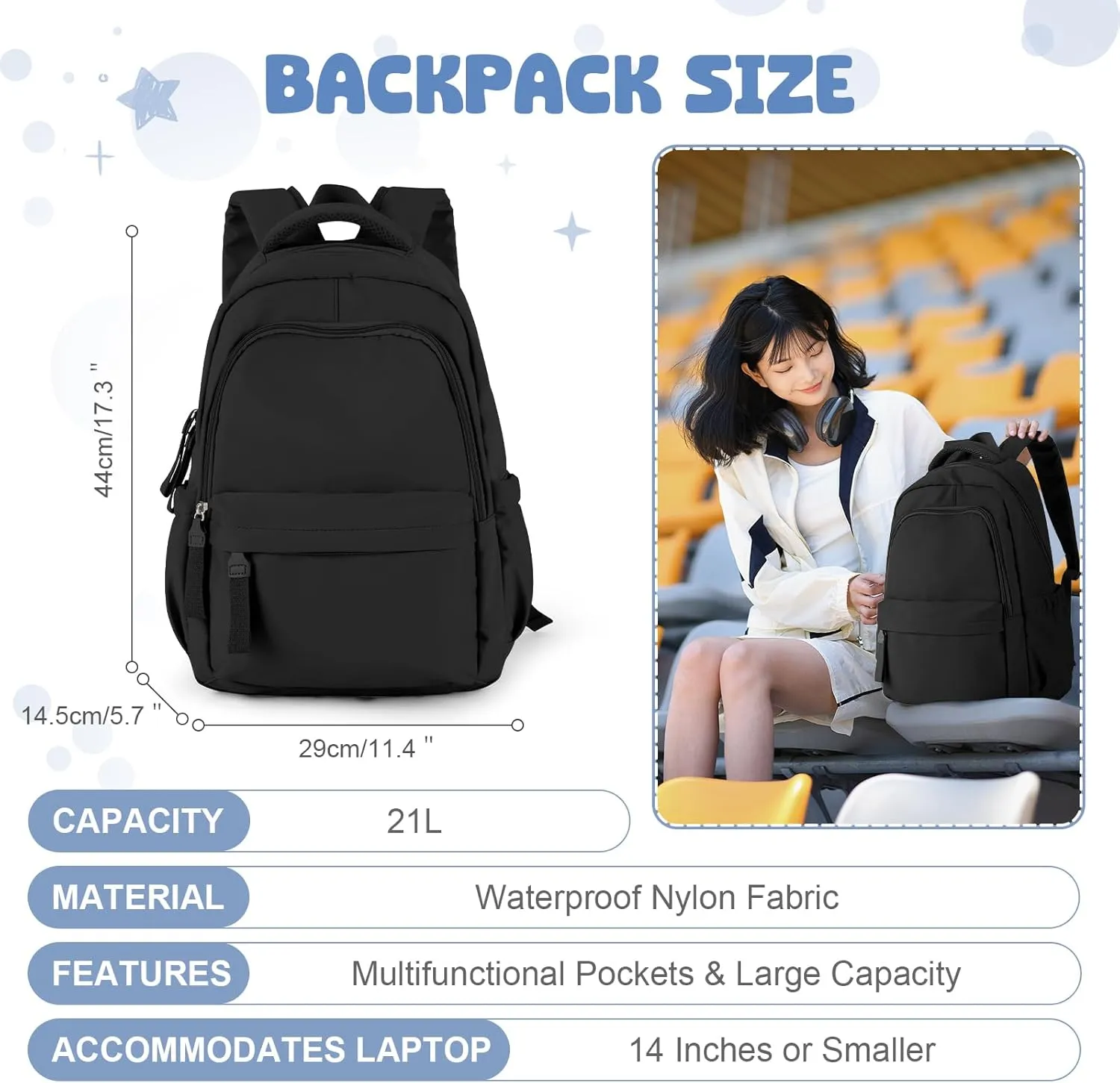 VECAVE School Backpack Black College High School Bags backpack for Boys Girls Teens Waterproof Bookbag Casual Lightweight Travel Rucksack Daypack Backpacks for Men Women