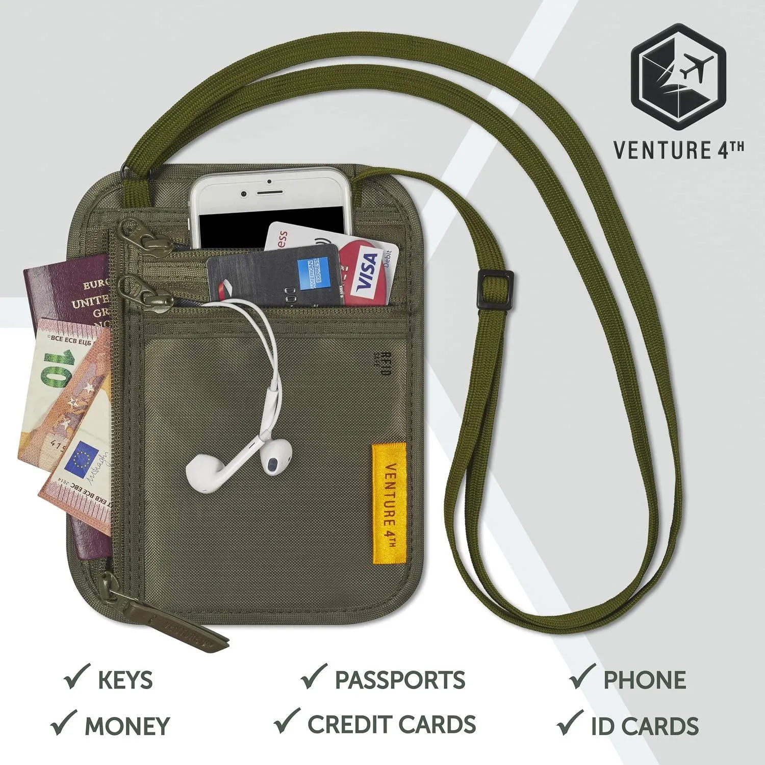 VENTURE 4TH RFID Blocking Travel Neck Wallet - Security Neck Pouch Passport Holder with Nylon Lining (Green)