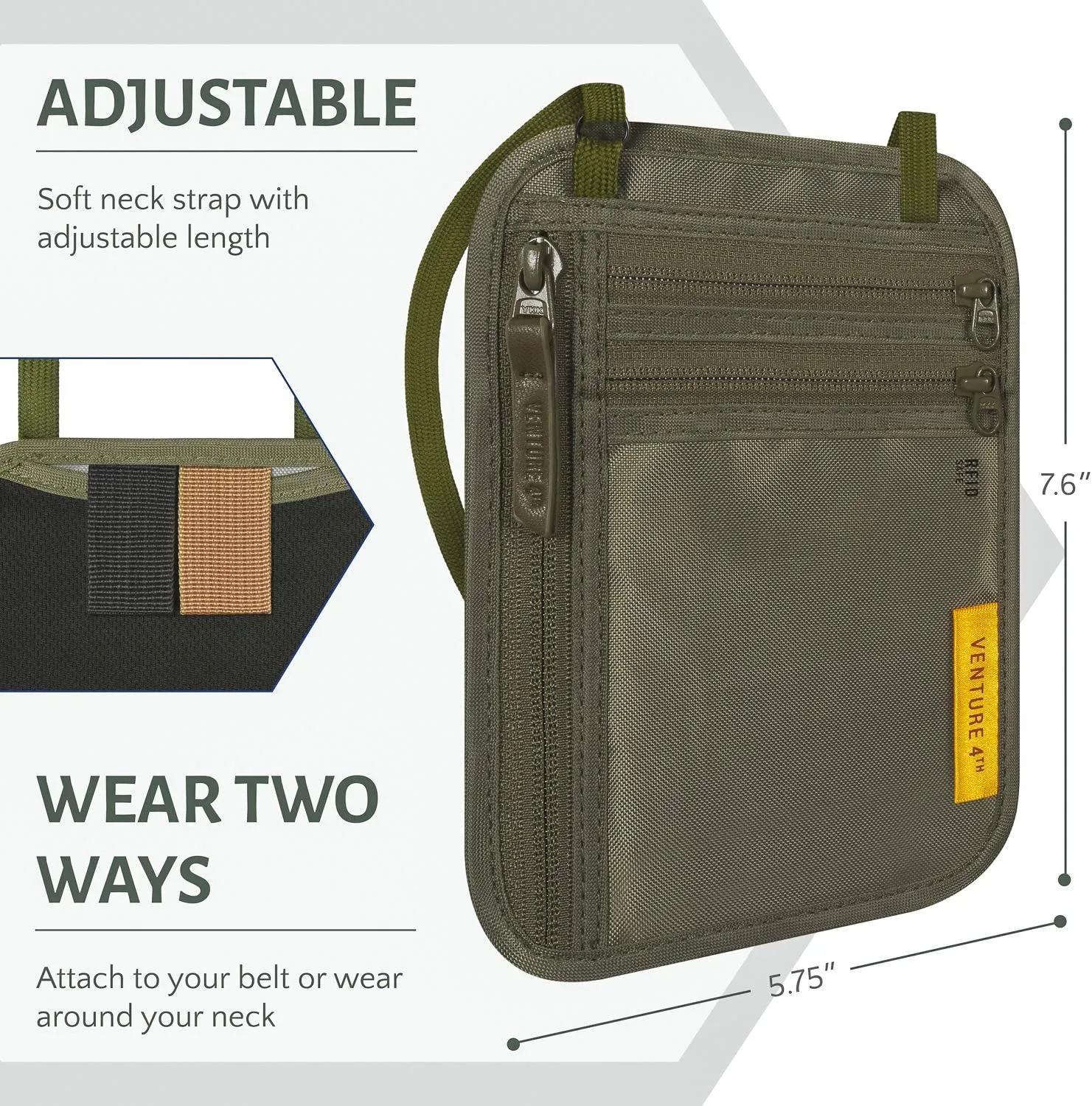 VENTURE 4TH RFID Blocking Travel Neck Wallet - Security Neck Pouch Passport Holder with Nylon Lining (Green)