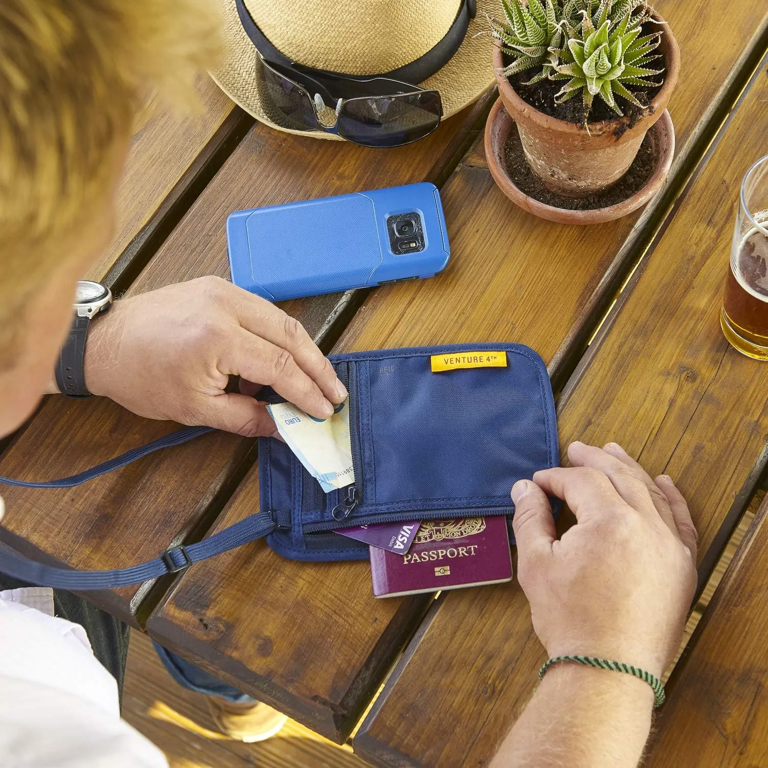 VENTURE 4TH Slim Passport Holder Neck Pouch with RFID Blocking Travel Neck Wallet and a Nylon Lining (Navy)